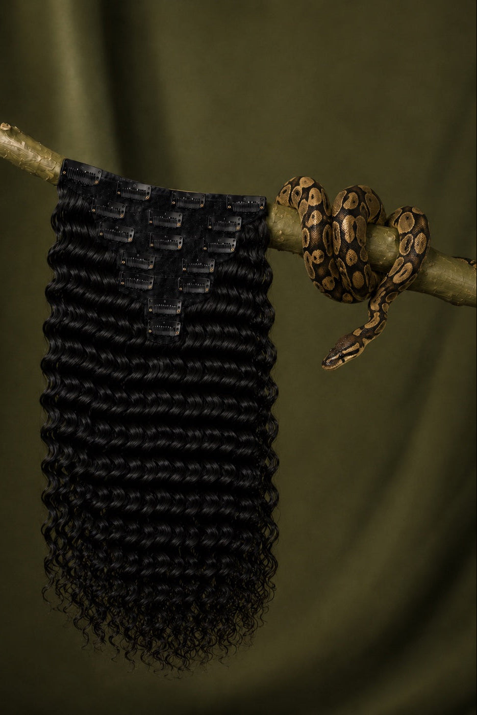 1B Python Curl Deep Wave Classic Clip-Ins in Natural Black back view showing clip attachment human hair extensions