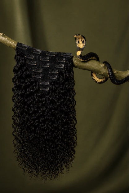 1B Cobra Curl Water Wave Classic Clip-Ins in Natural Black back view human hair clip-in extensions