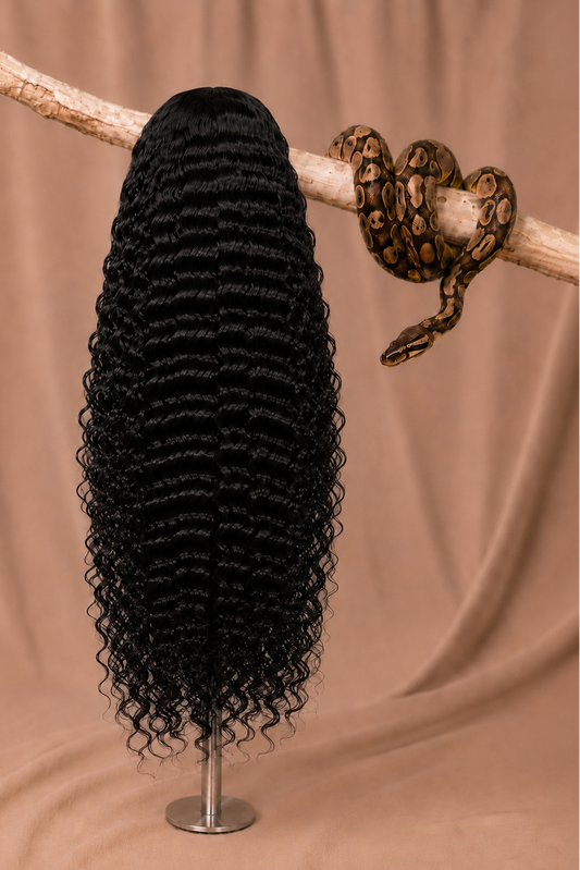 1B Python Curl Deep Wave 5x5 HD Lace Closure Wig in Natural Black back view human hair wig texture