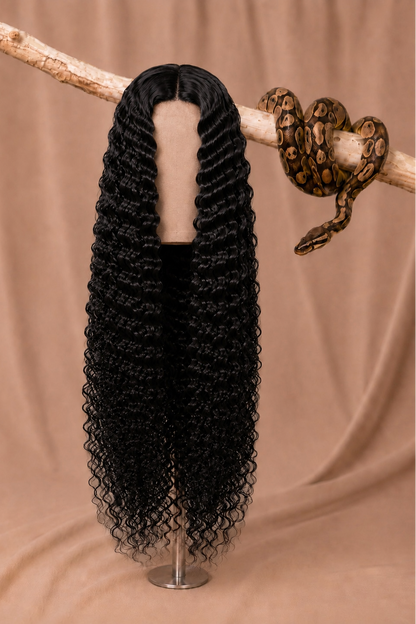 1B Python Curl Deep Wave 5x5 HD Lace Closure Wig in Natural Black front view human hair wig texture