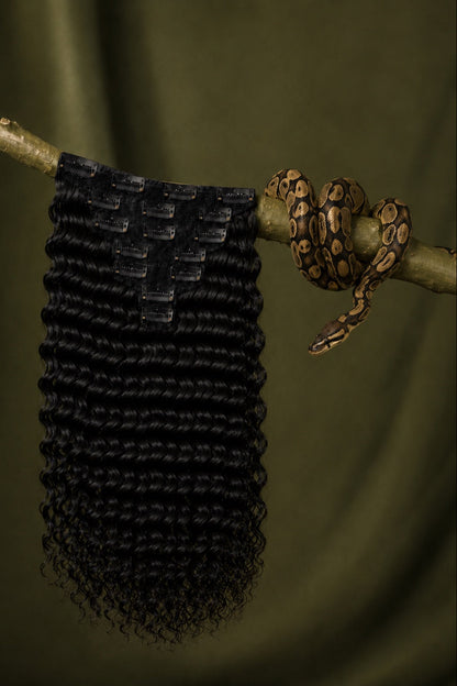 1B Python Curl Deep Wave Classic Clip-Ins in Natural Black back view showing clip attachment human hair extensions