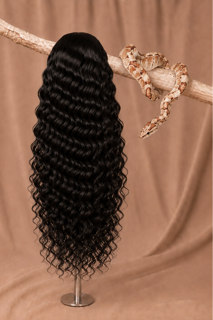 1B Rattlesnake Curl Loose Deep Wave 5x5 HD Lace Closure Wig in Natural Black back view human hair wig texture
