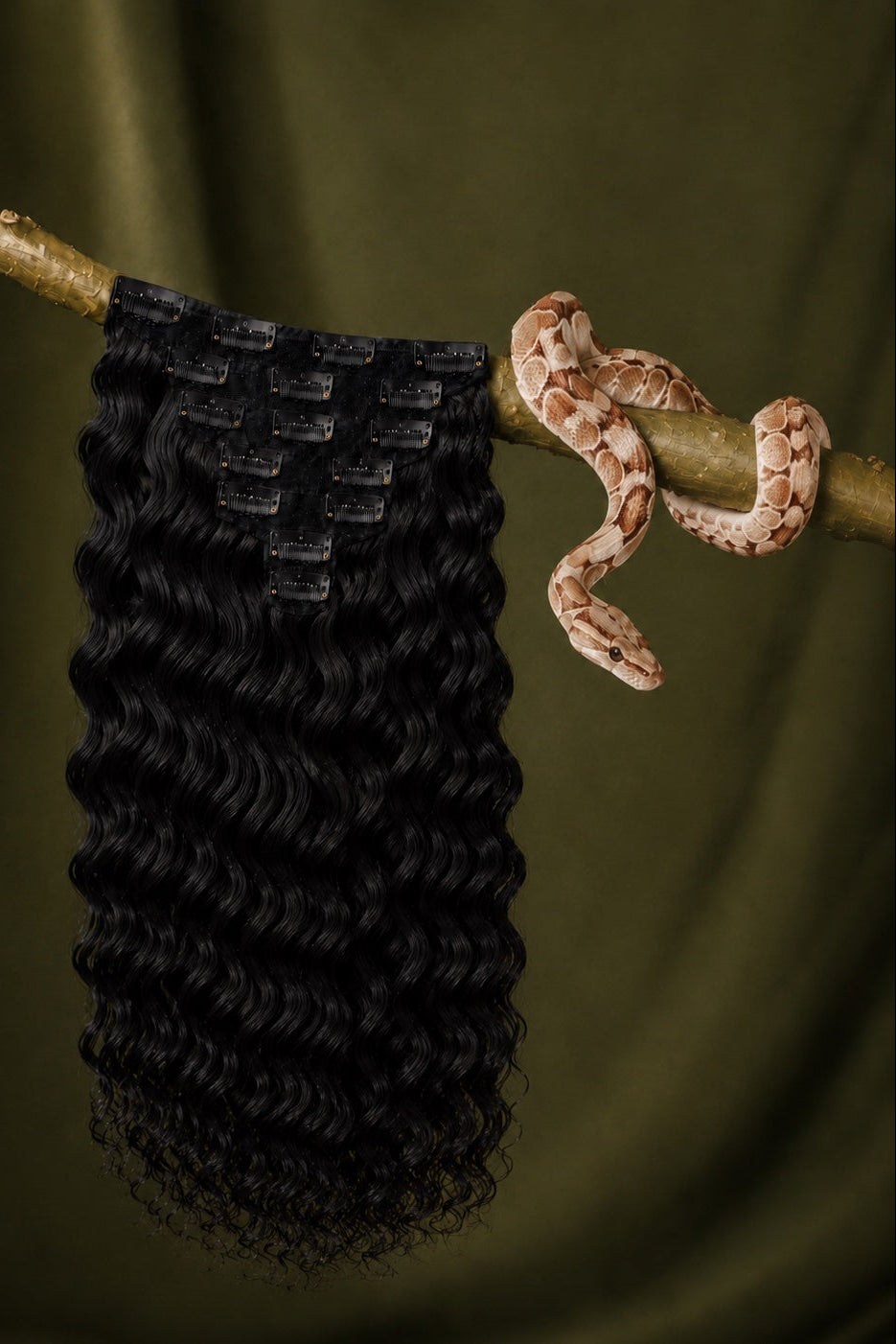 1B Rattlesnake Curl Loose Deep Wave Classic Clip-Ins in Natural Black back view human hair clip-in extensions