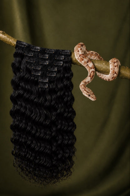 1B Rattlesnake Curl Loose Deep Wave Classic Clip-Ins in Natural Black back view human hair clip-in extensions