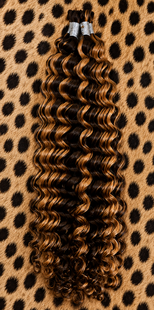 20 inch Deep Wave Boho Hair Pieces in #4/27 Highlight Brown Honey Blonde human hair extension texture