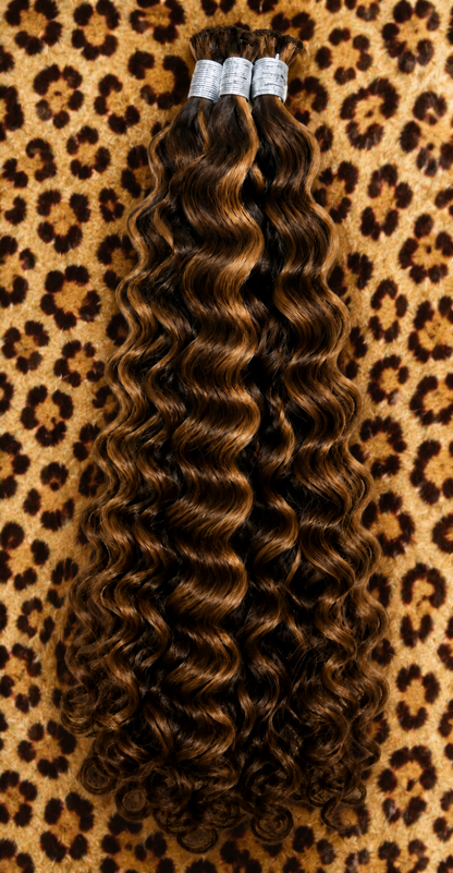 20 inch Loose Deep Wave Boho Hair Pieces in #4/27 Highlight Brown Honey Blonde human hair extension texture