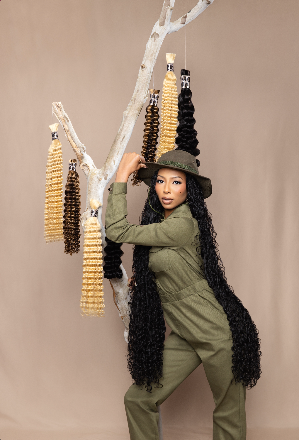 Model showcasing 20 inch Water Wave Boho Hair Pieces with available color options including Natural Black, Medium Brown, Honey Blonde, Highlight Brown Honey Blonde, and Bright Blonde