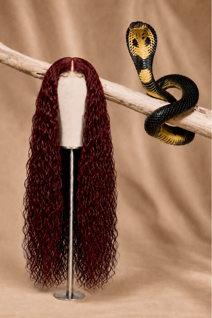 99J Cobra Curl Water Wave 5x5 HD Lace Closure Wig in Burgundy Red front view human hair wig texture