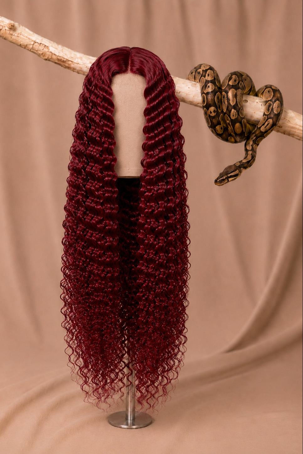 99J Python Curl Deep Wave 5x5 HD Lace Closure Wig in Burgundy Red front view human hair wig texture