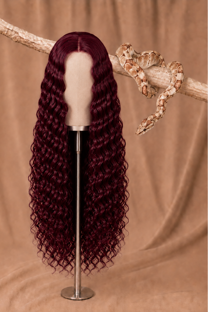 99J Rattlesnake Curl Loose Deep Wave 5x5 HD Lace Closure Wig in Burgundy Red front view human hair wig texture